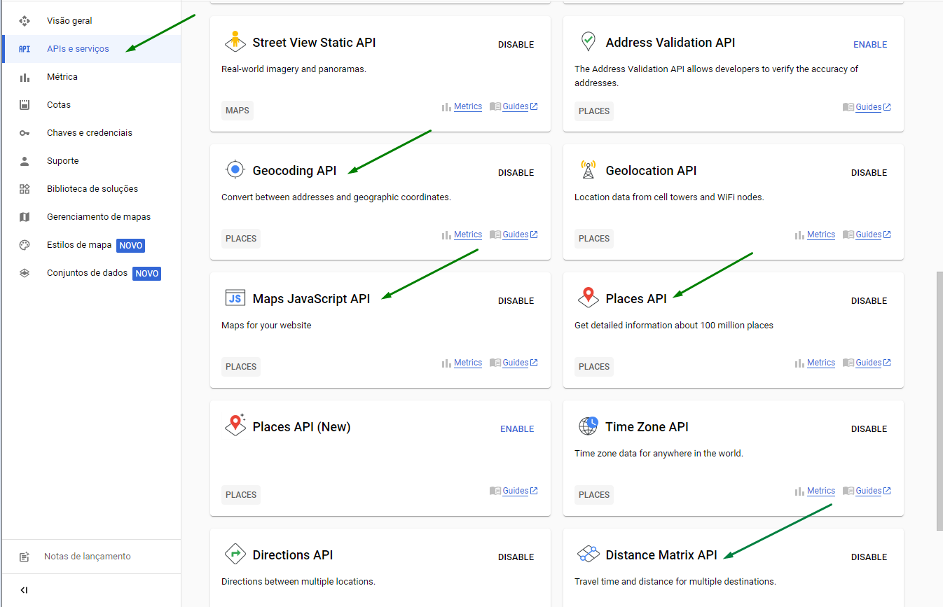 Tela com as APIs do Google Maps necessárias para integração com o BeeFood