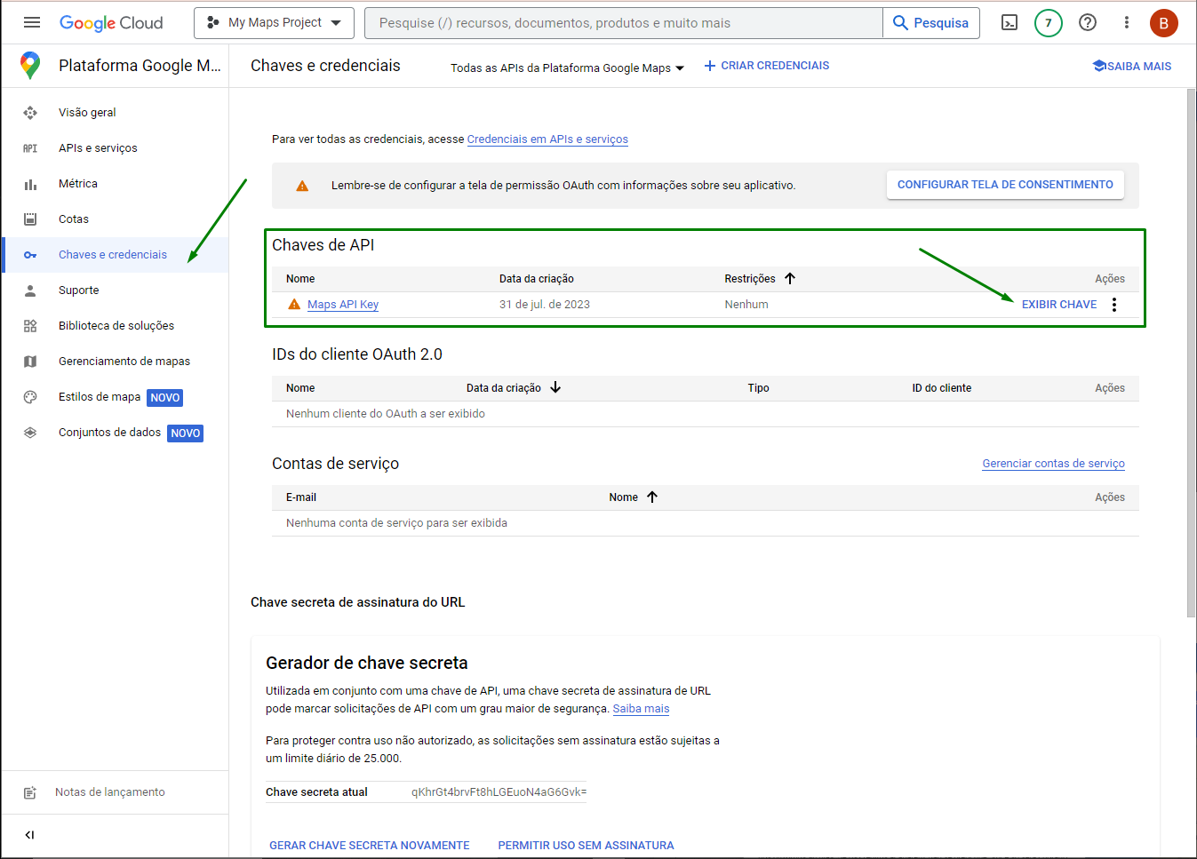 Lista de chaves cadastradas no Google Cloud