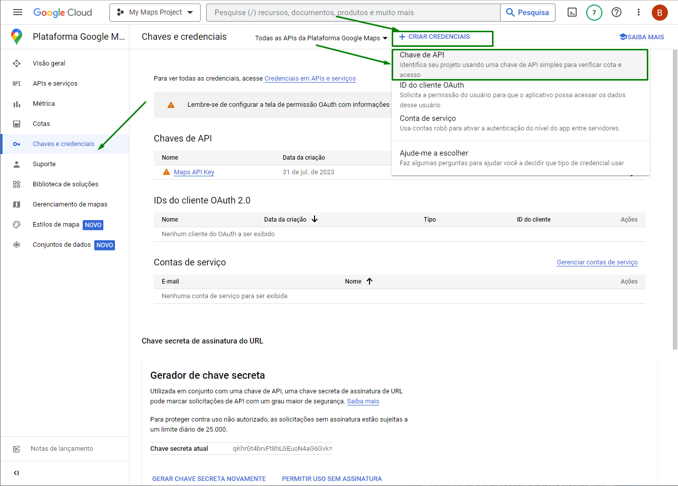 Tela de criação de chave de API no Google Cloud
