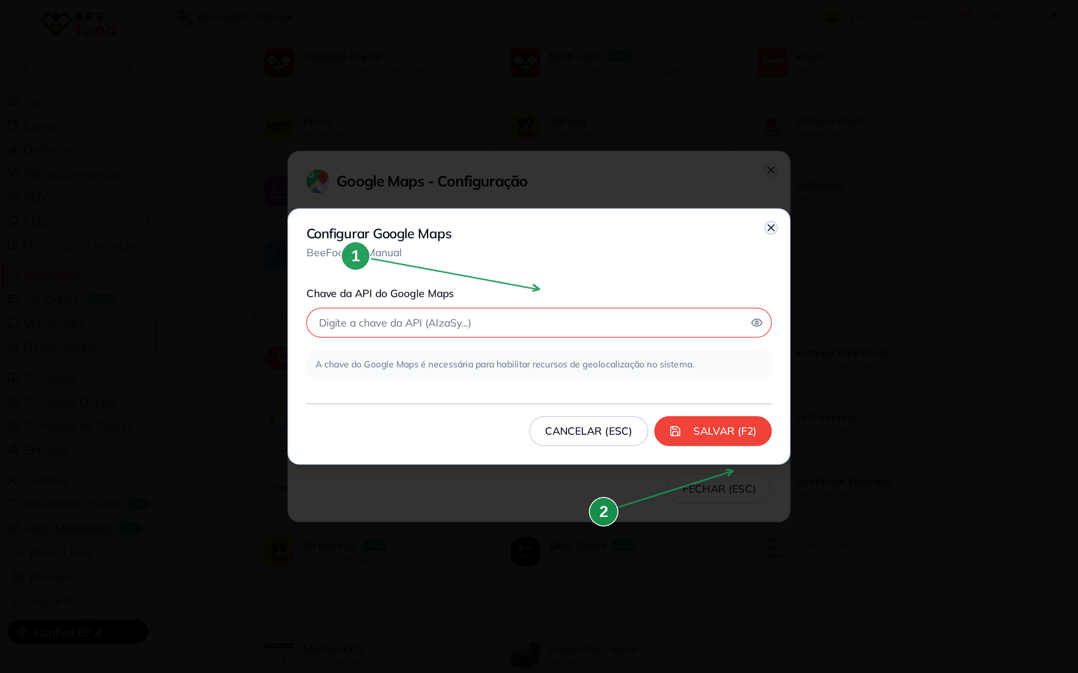 Modal do BeeFood para colar a chave da API do Google Maps e salvar