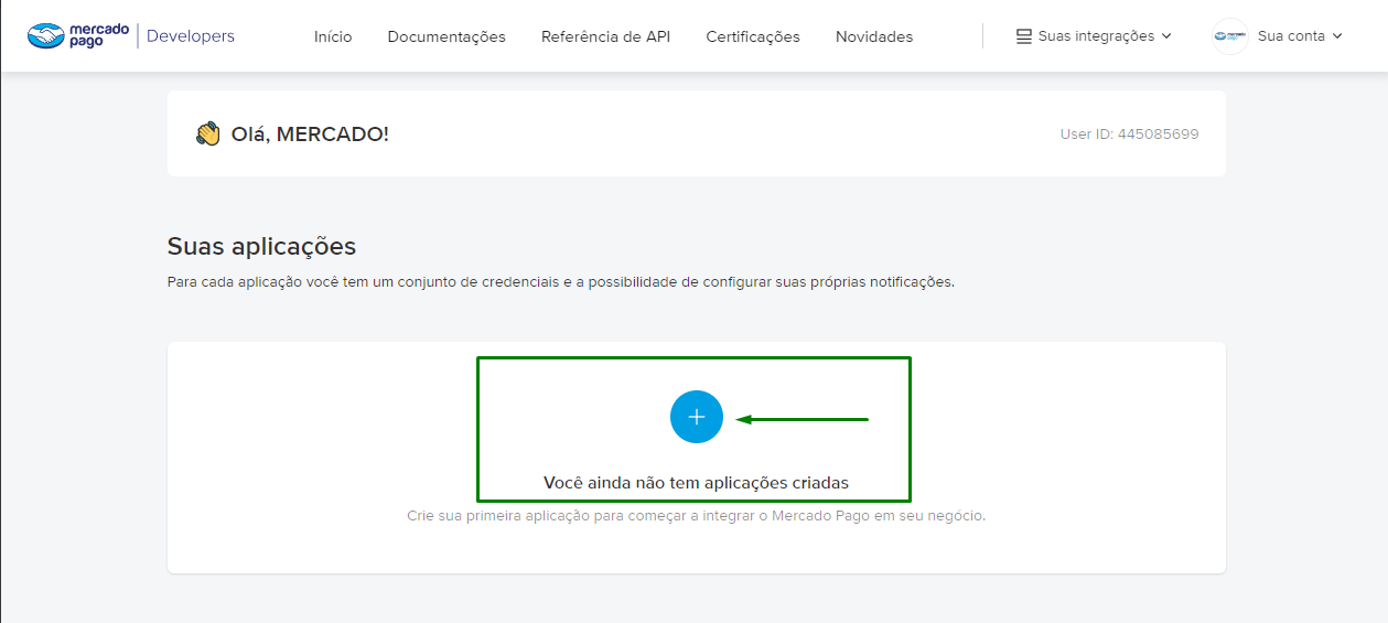 Tela do portal de desenvolvedores do Mercado Pago com a opção para criar um aplicativo