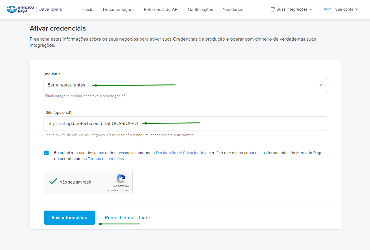 Formulário do Mercado Pago com os campos de indústria e site preenchidos