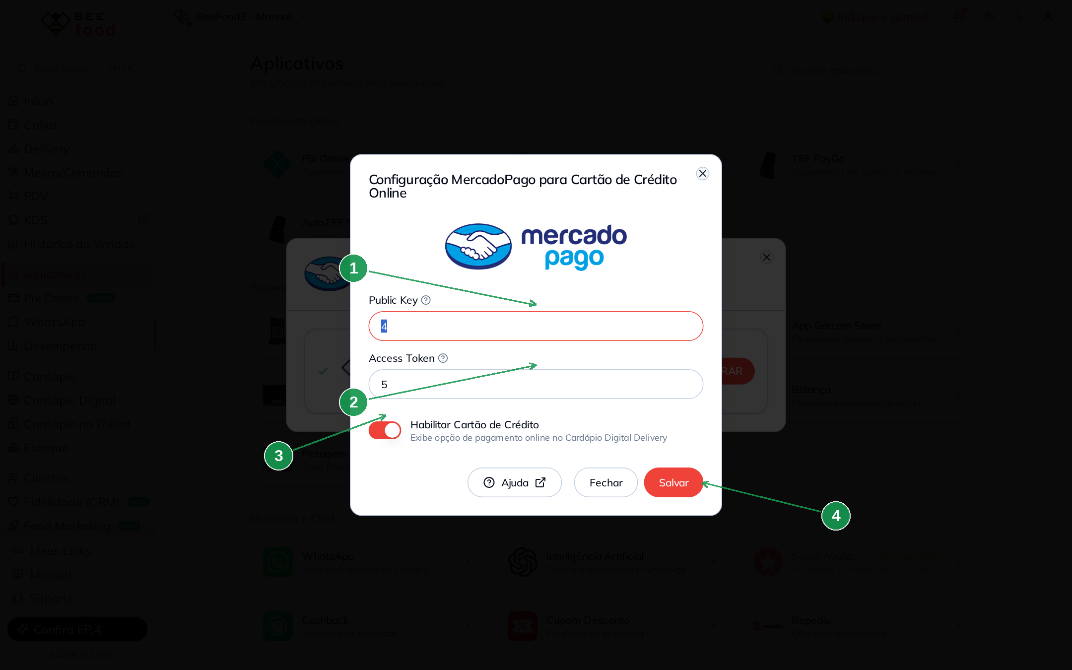 Modal de configuração do Mercado Pago no BeeFood com os campos Public Key, Access Token, switch de habilitação e botão Salvar