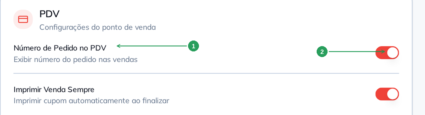 Configuração → Parâmetros, card PDV, switch Número de Pedido no PDV