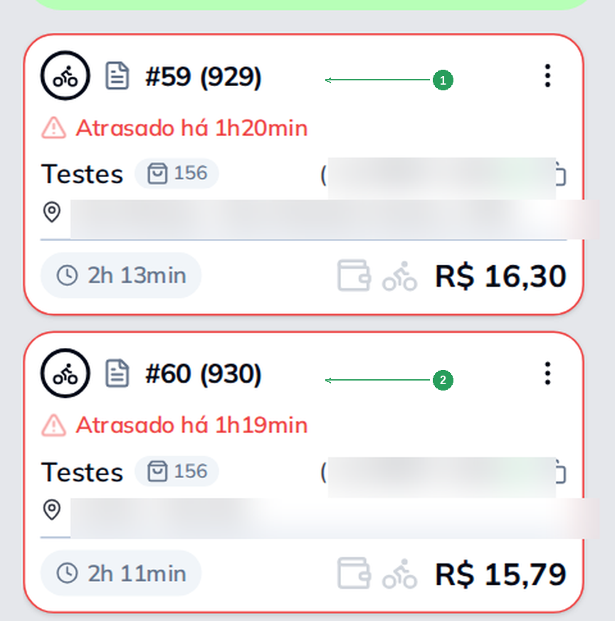 Cards do Delivery no formato #pedido (venda)