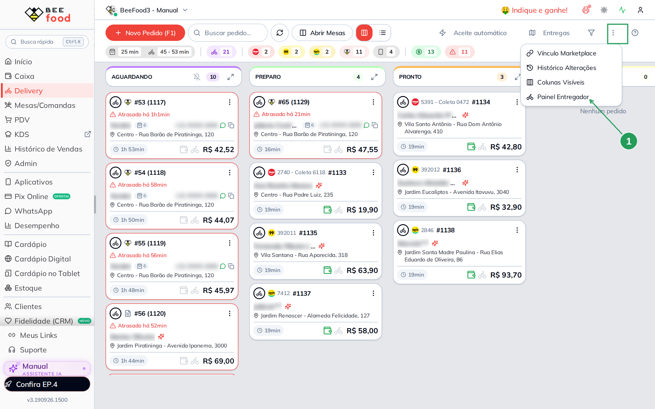 Menu de ações da tela Delivery, com o item Painel Entregador