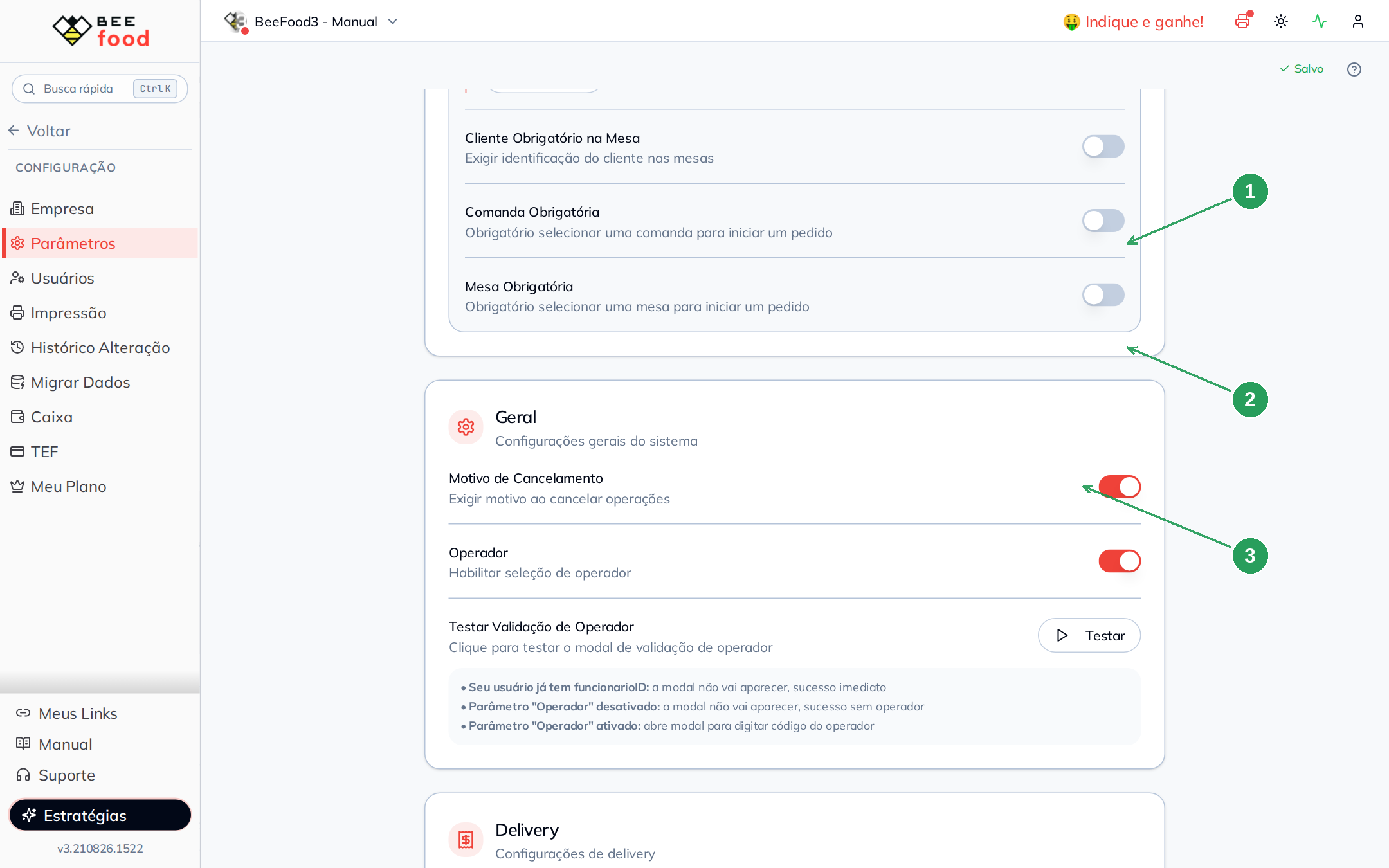 Card Geral em Configuração e Parâmetros