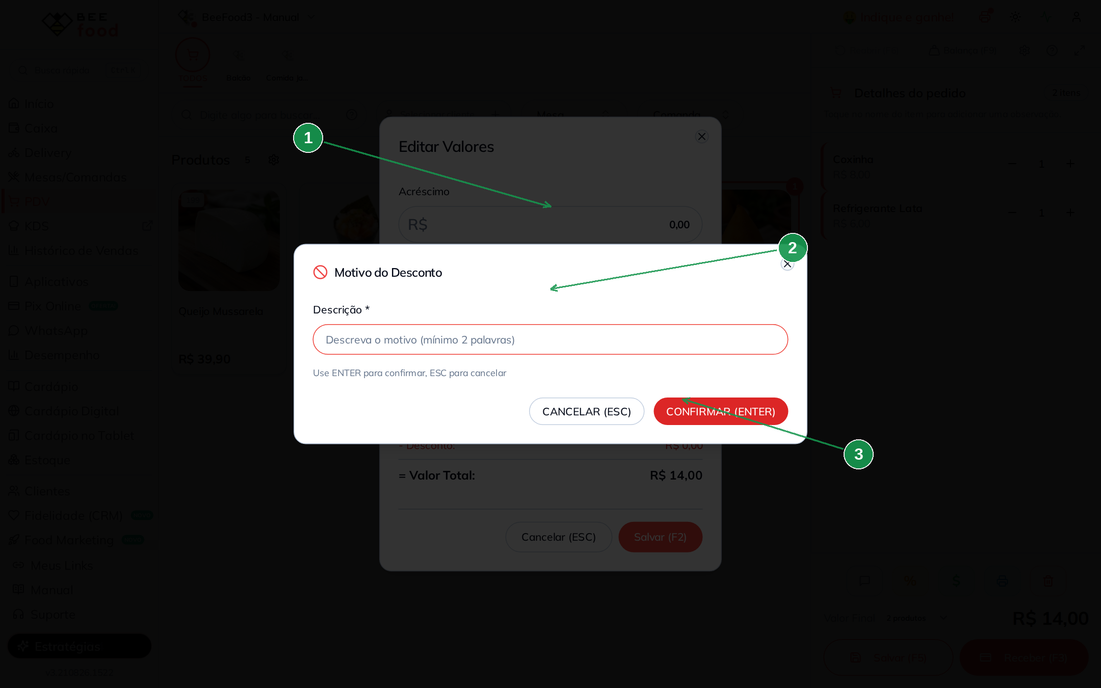 Modal de motivo de cancelamento em uso