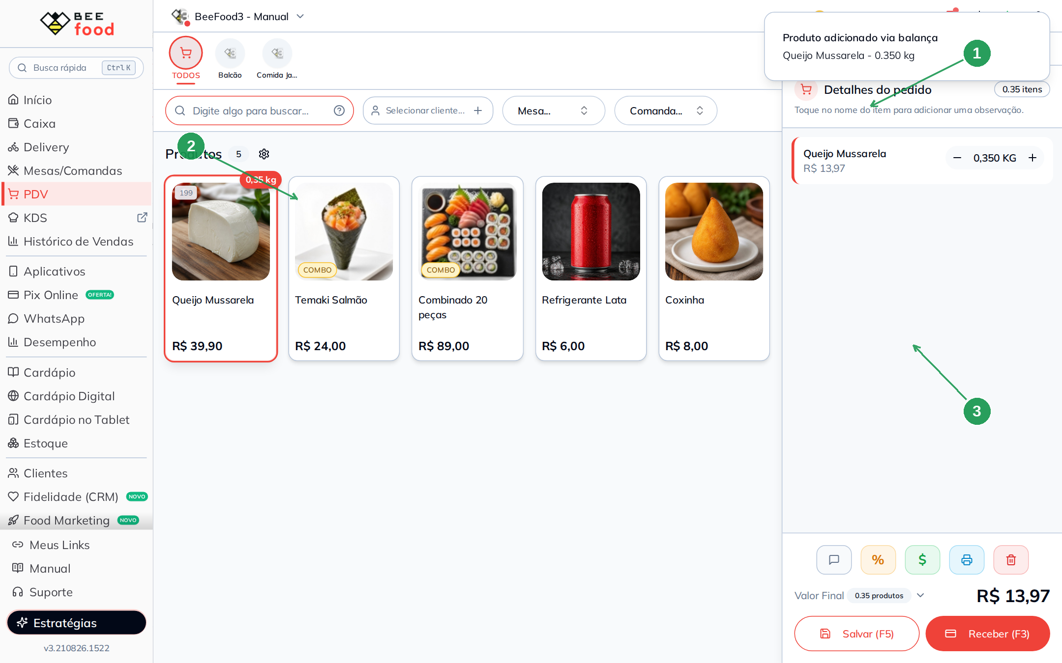 Produto queijo adicionado no PDV com 0,350 kg calculado automaticamente