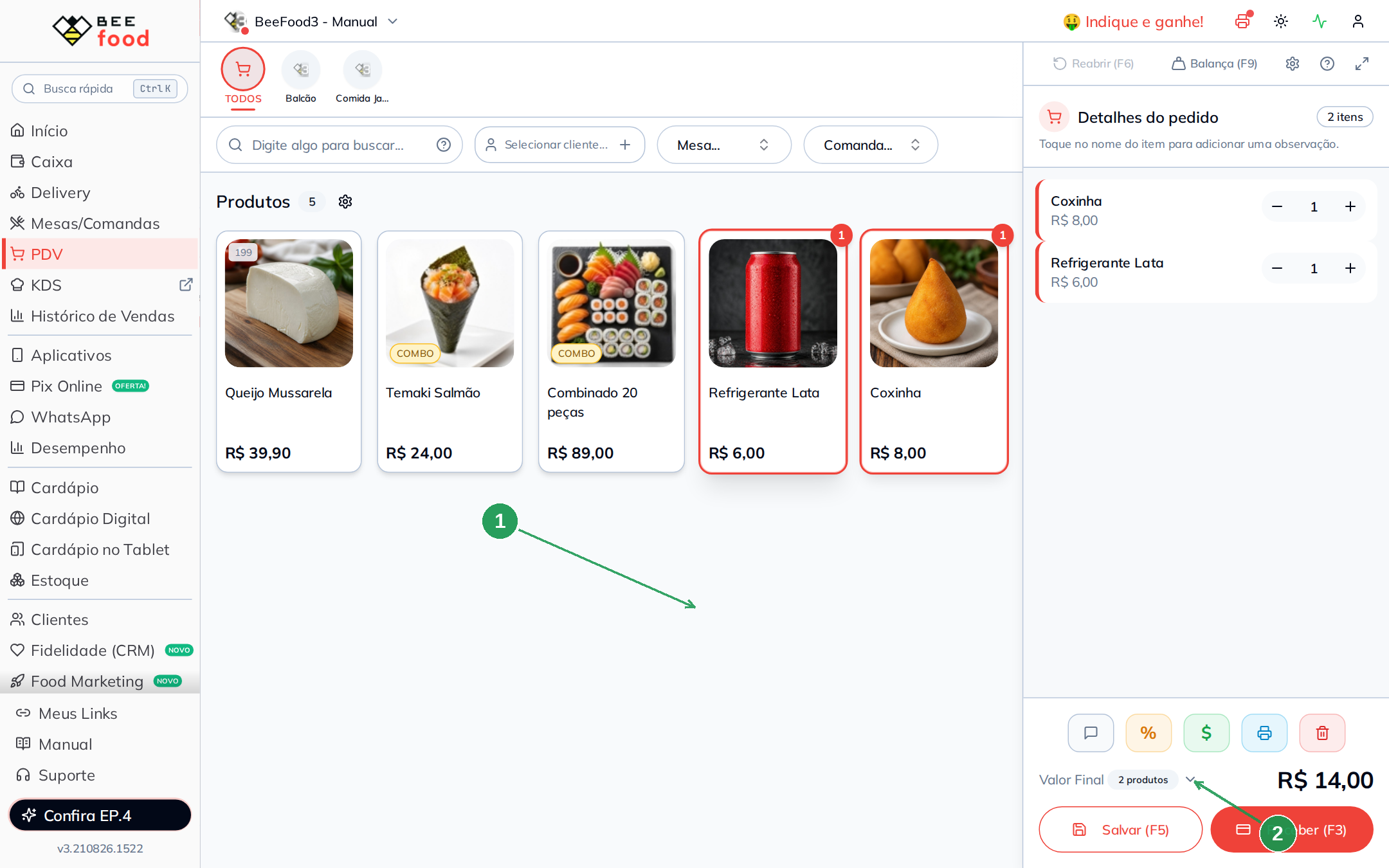 PDV com dois itens: Coxinha e Refrigerante