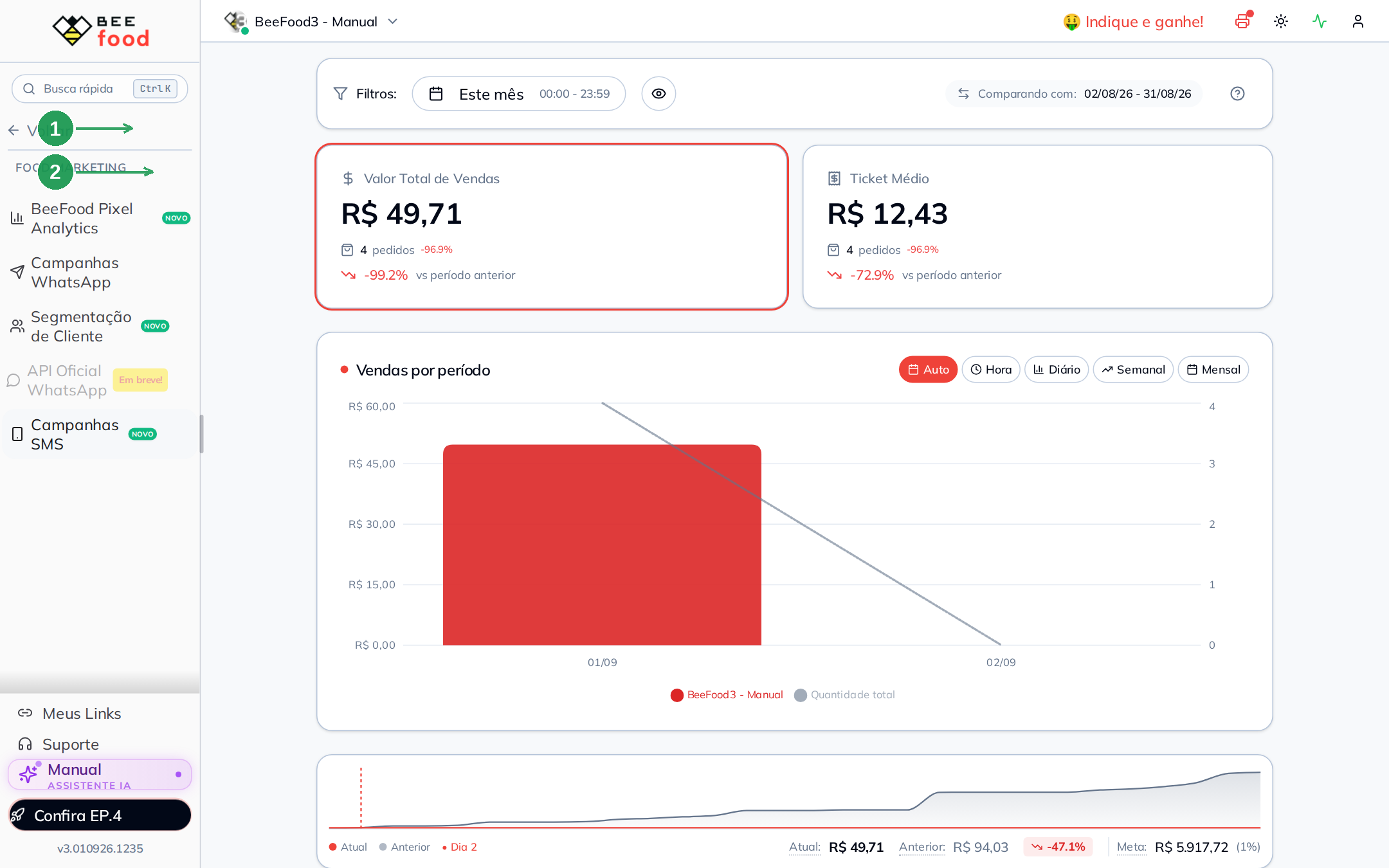 Menu lateral com Food Marketing e BeeFood Pixel Analytics