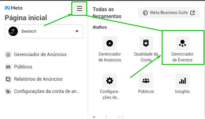 Tela do Gerenciador de Eventos da Meta