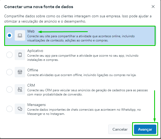 Seleção da fonte Web na Meta