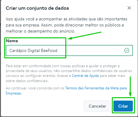 Tela para nomear o Pixel na Meta