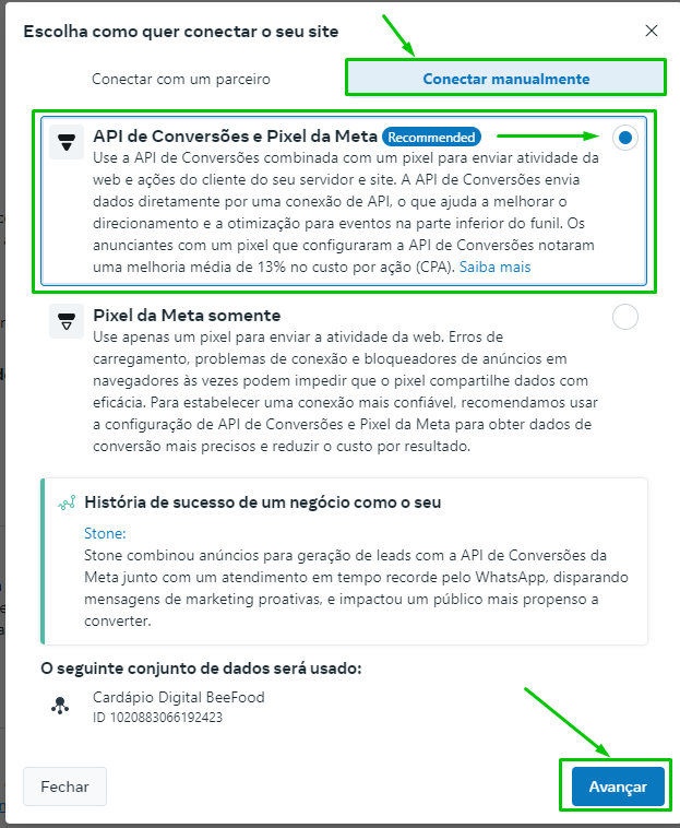 Opção API de Conversões e Pixel da Meta selecionada