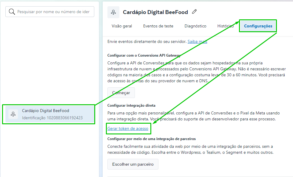 Tela da Meta mostrando o botão Gerar token de acesso