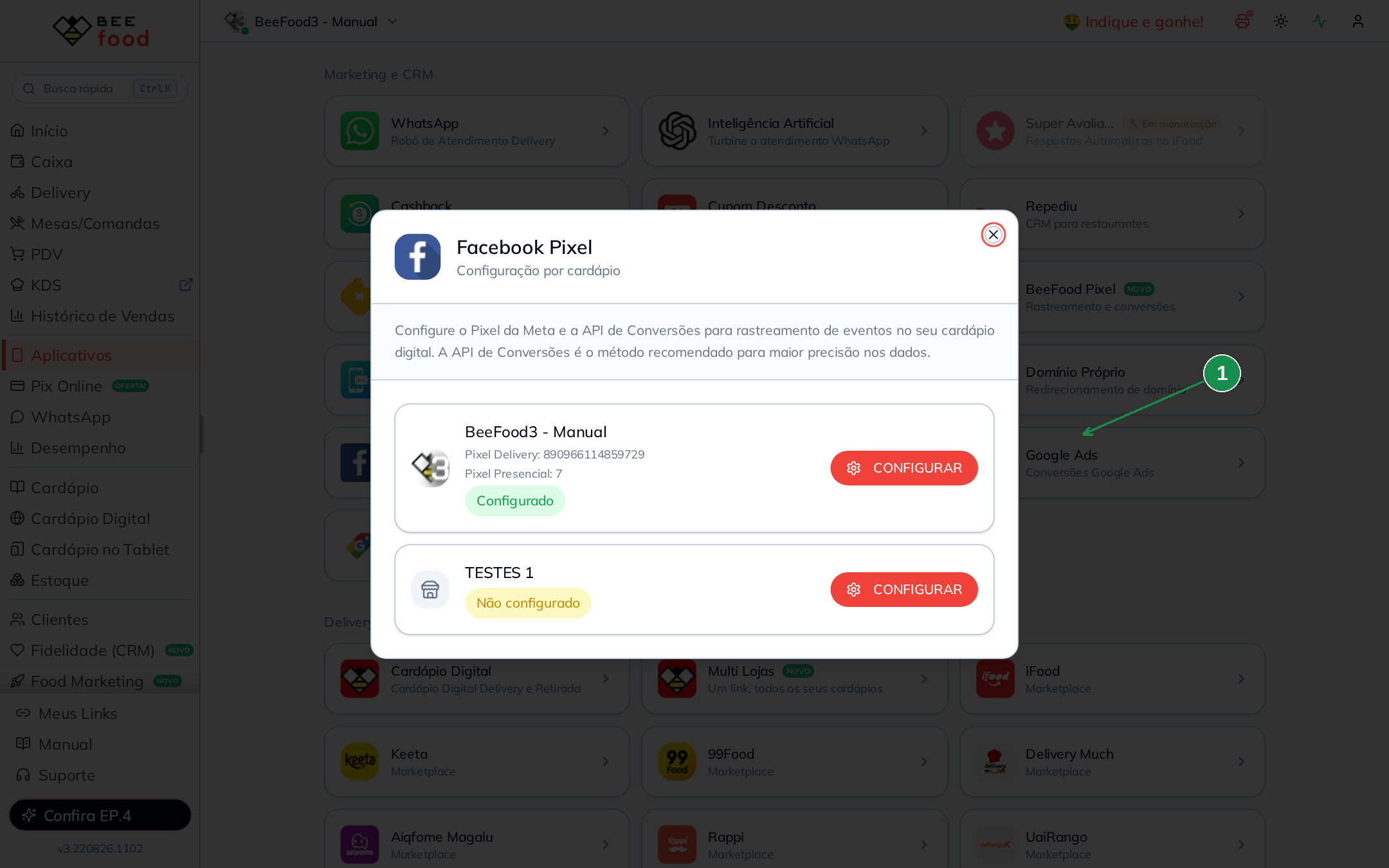 Lista de cardápios no BeeFood com o botão CONFIGURAR