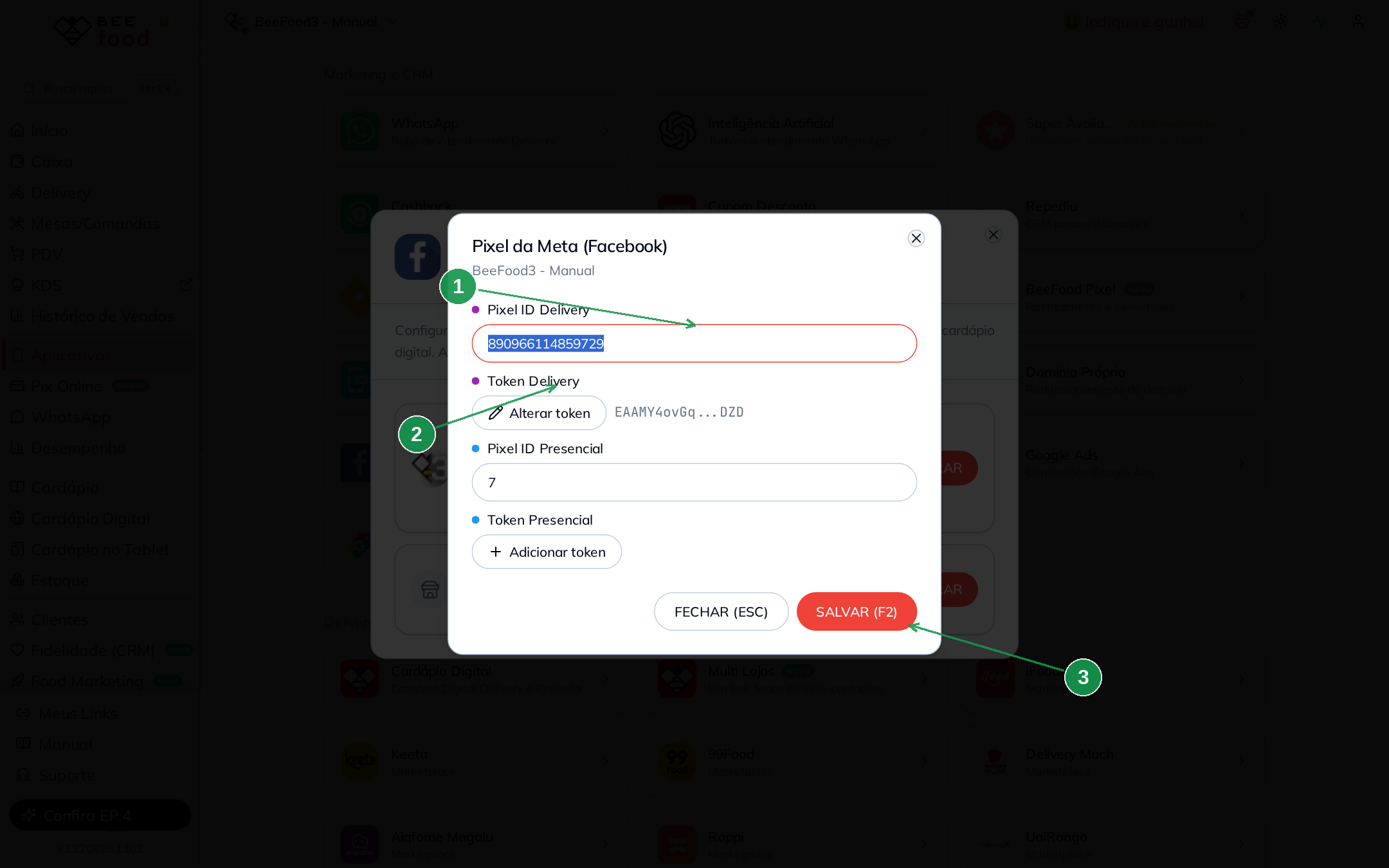 Modal do BeeFood para preencher Pixel ID Delivery, Token Delivery e salvar