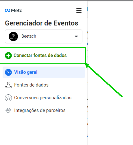 Botão Conectar fontes de dados no Gerenciador de Eventos da Meta