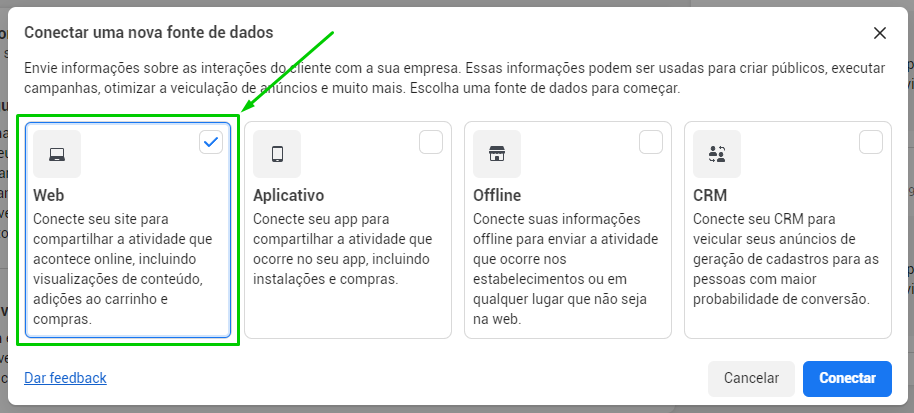 Opção Web selecionada na criação da fonte de dados da Meta