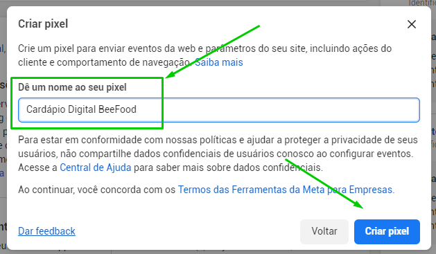 Tela da Meta para criar e nomear o Pixel