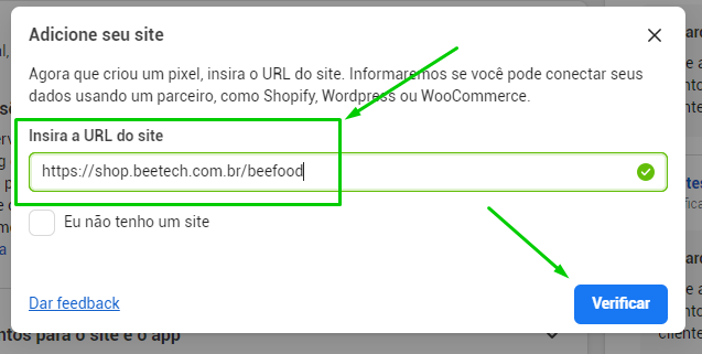 Tela da Meta para colar a URL do cardápio digital e verificar