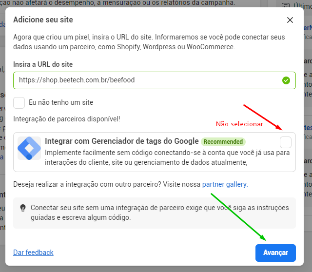 Opção Integrar com o Gerenciador de Tags do Google desmarcada