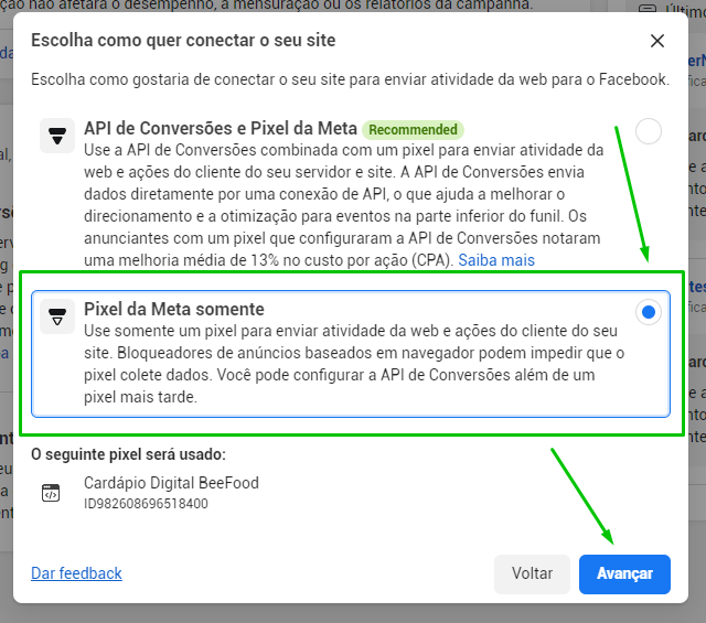 Opção Pixel da Meta somente selecionada na Meta