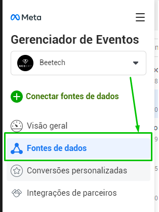 Lista de Fontes de dados da Meta com o Pixel criado