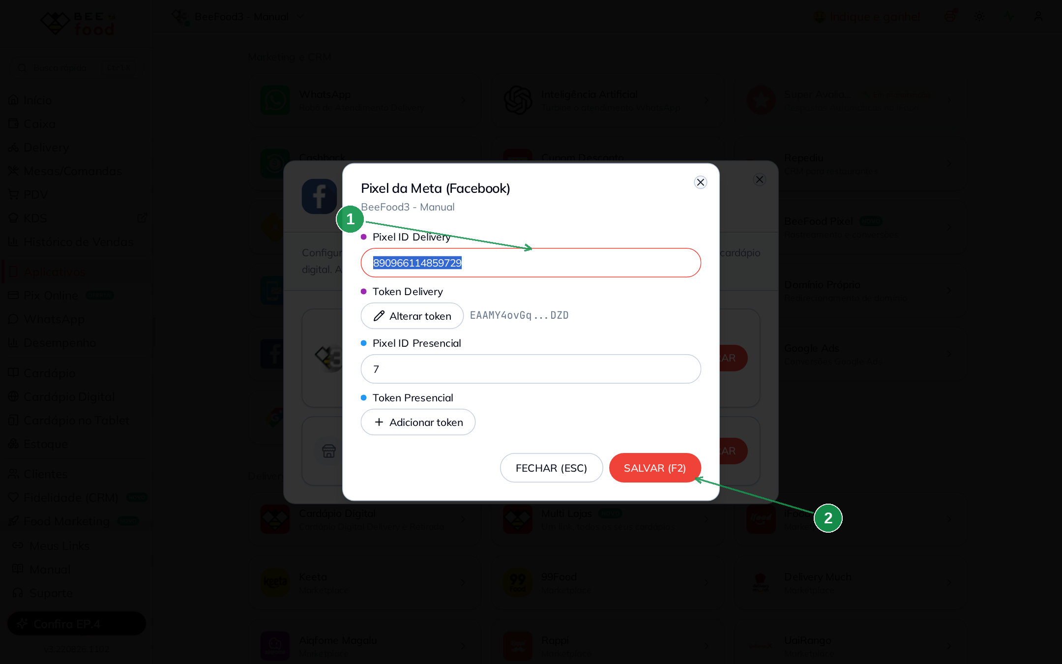 Modal do BeeFood mostrando os campos Pixel ID Delivery e botão Salvar