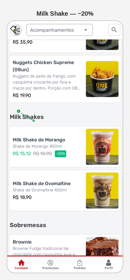 Cardápio digital mostrando o Milk Shake com preço novo de R$ 15,12 e o antigo riscado