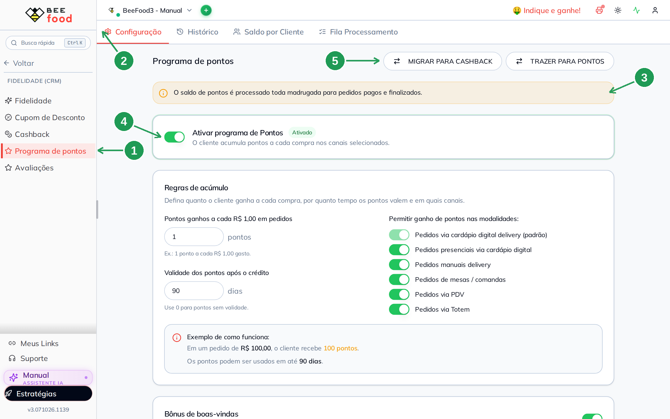 A aba Configuração do Programa de pontos, com o switch de ativação