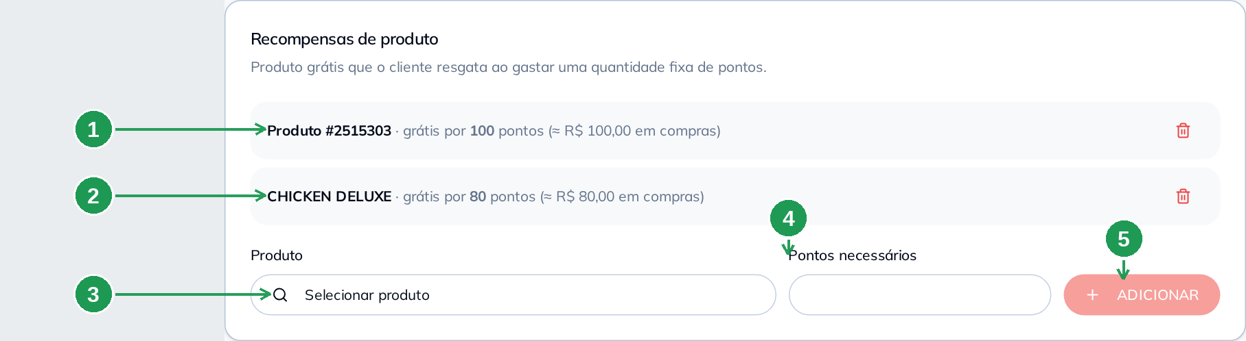 O cartão Recompensas de produto, com uma recompensa por código e outra por nome