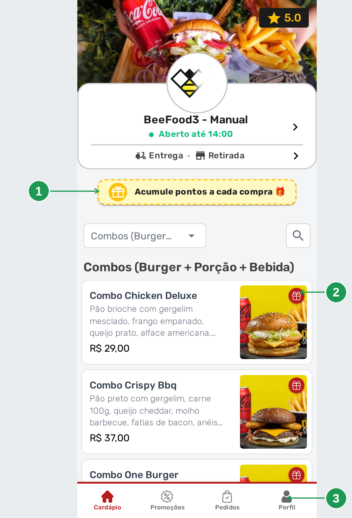 A home do cardápio digital, com a faixa de pontos e o selo de presente no produto