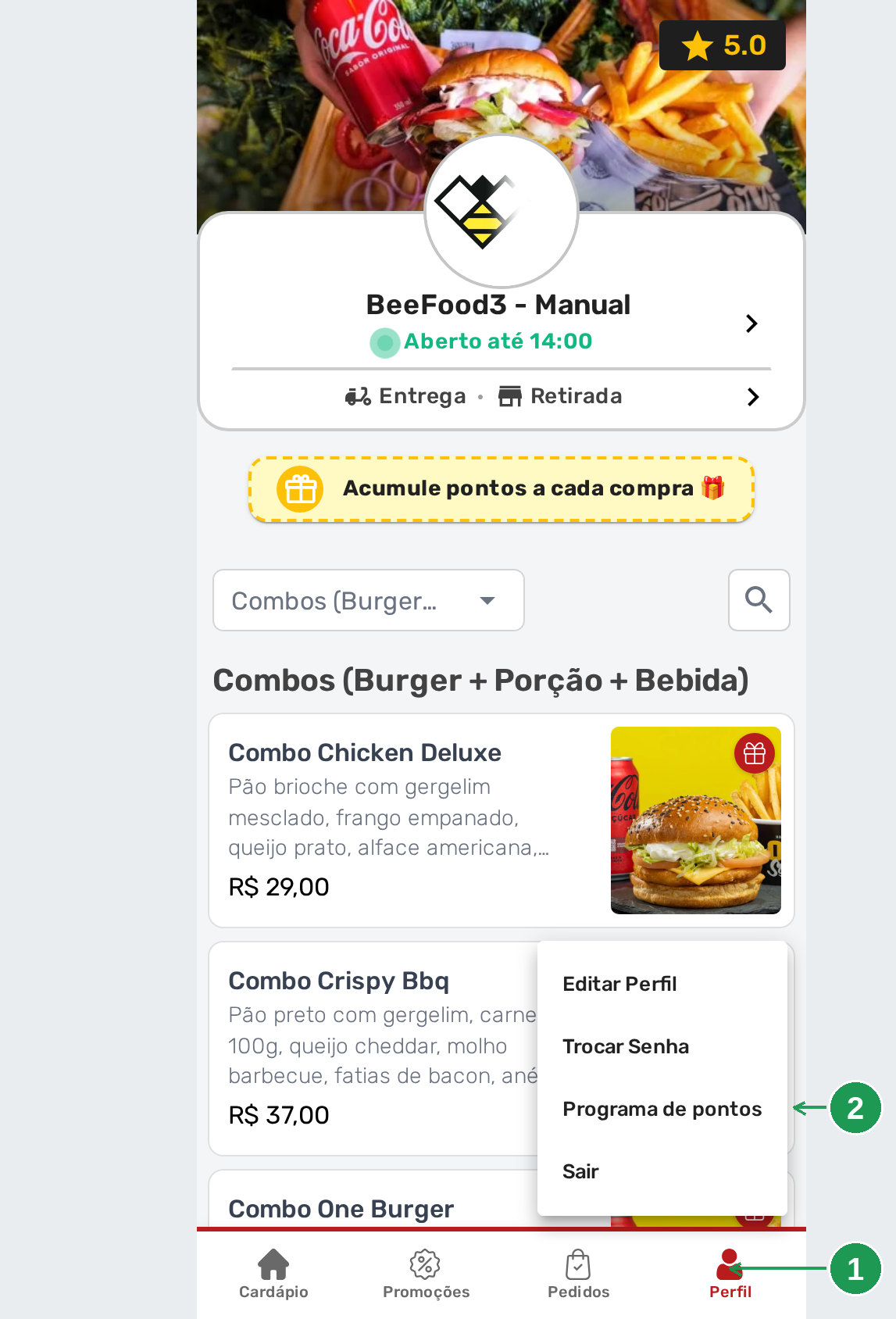 O menu do Perfil, com o item Programa de pontos