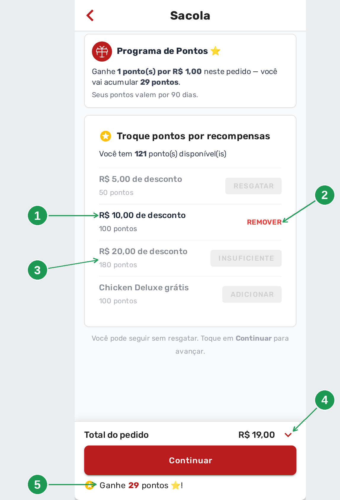 A sacola depois do resgate, com o desconto aplicado e o total reduzido
