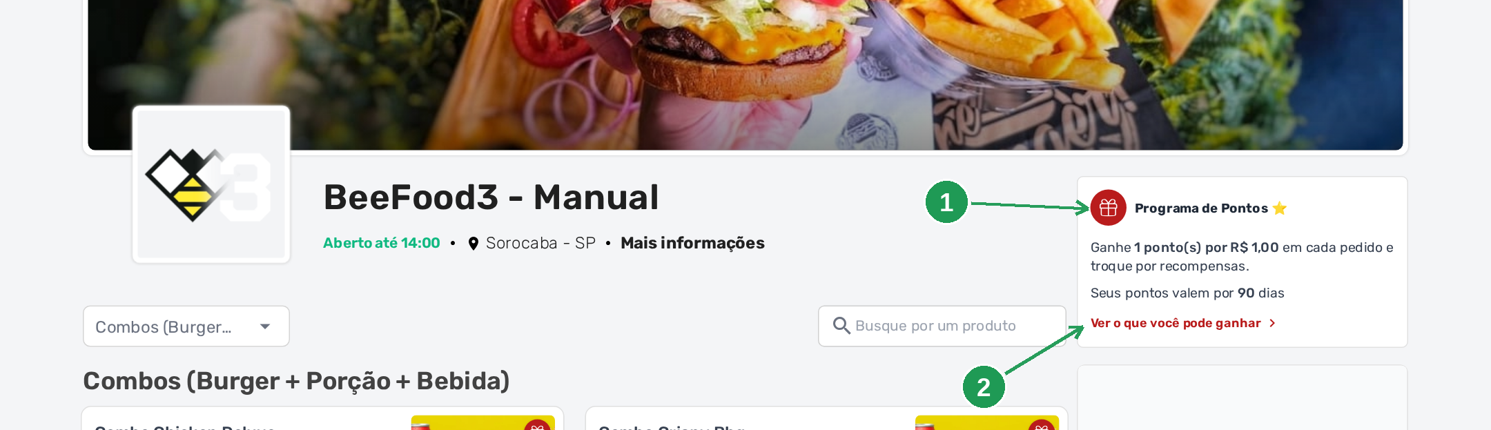 O cardápio digital no computador, com o cartão Programa de Pontos
