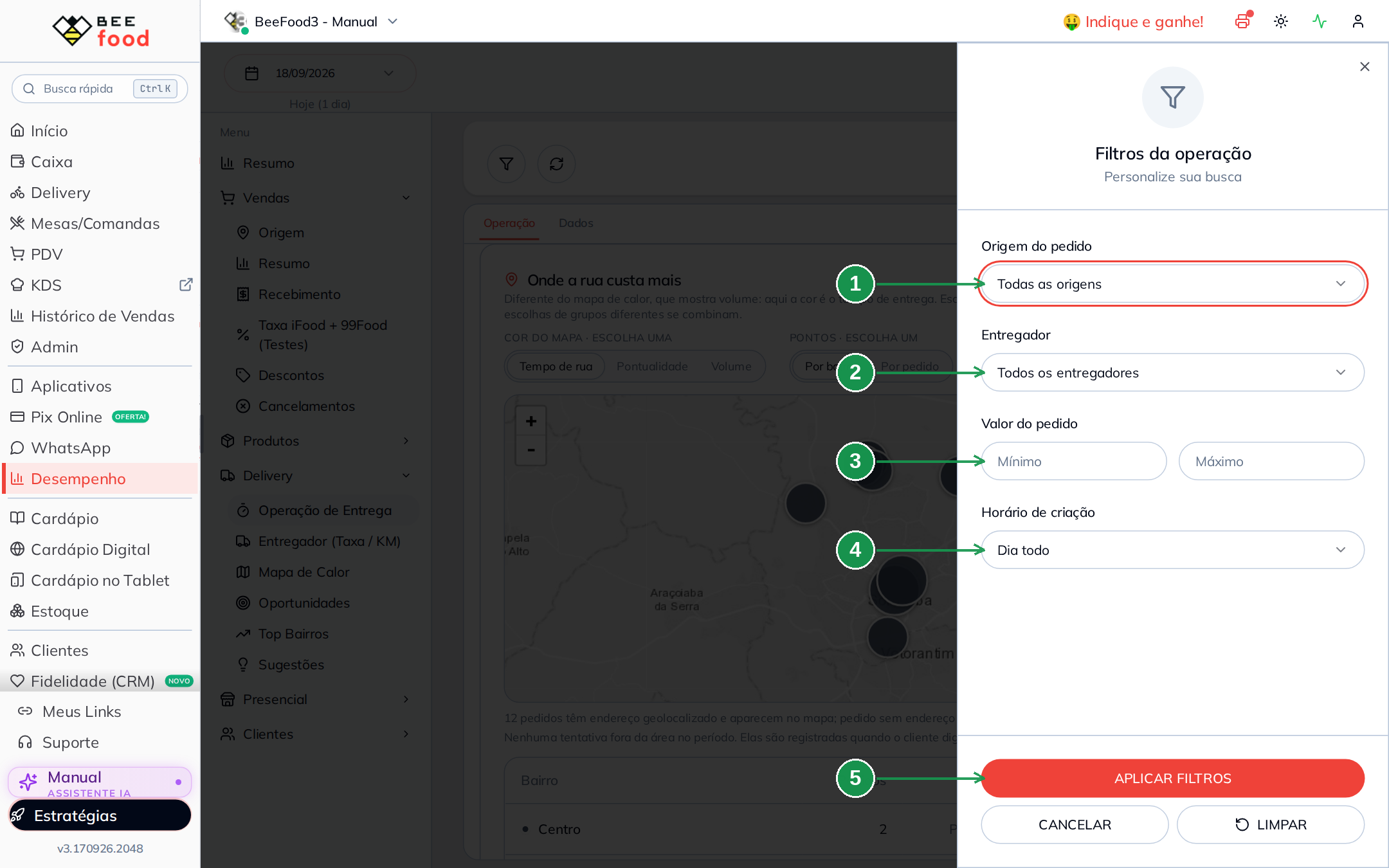 Janela de filtros da operação de entrega