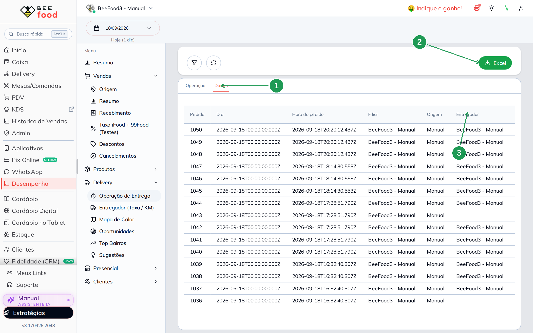 A aba Dados com uma linha por pedido e o botão de Excel