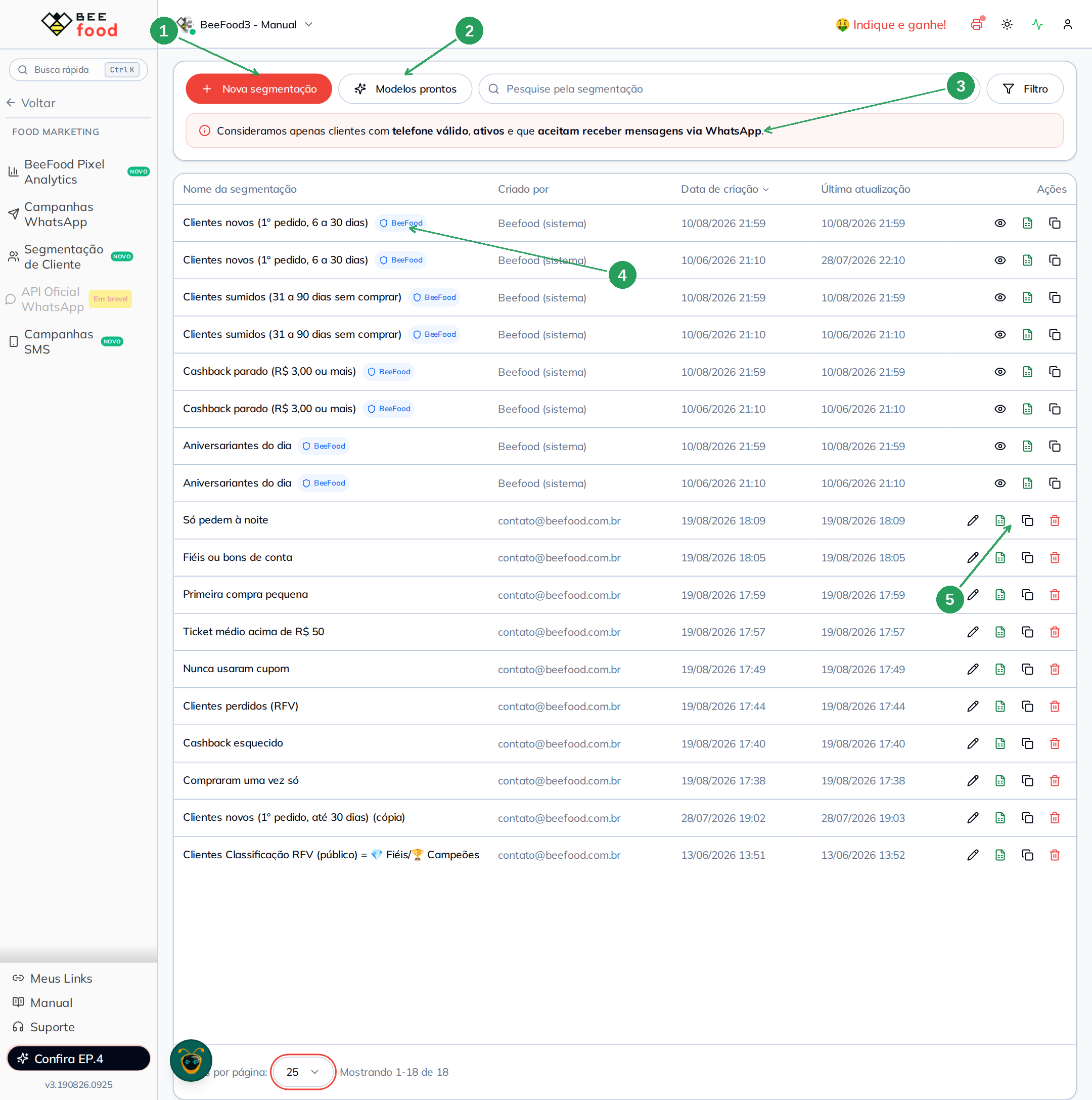 Tela de lista da segmentação de clientes no BeeFood