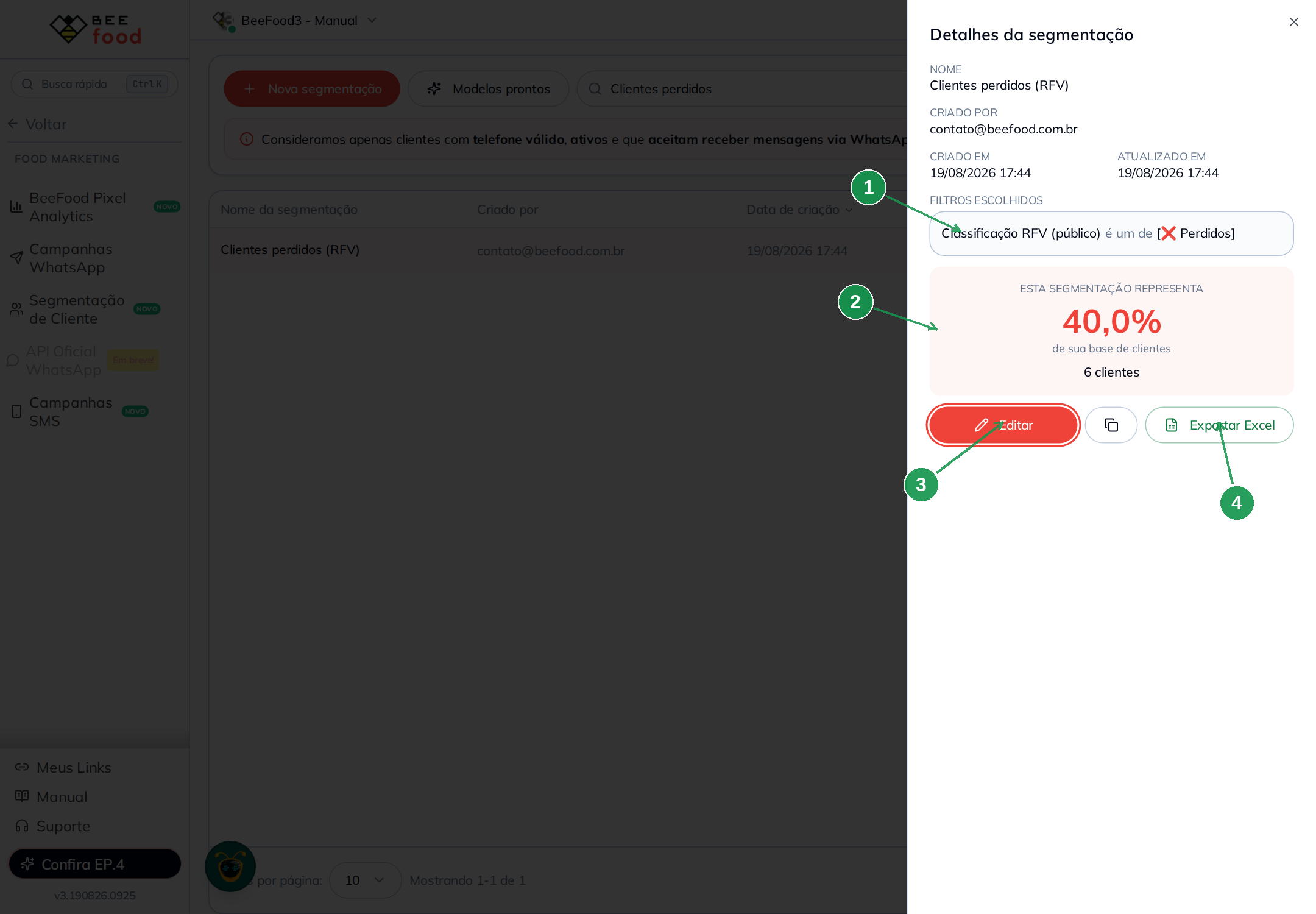 Painel de detalhes de uma segmentação salva