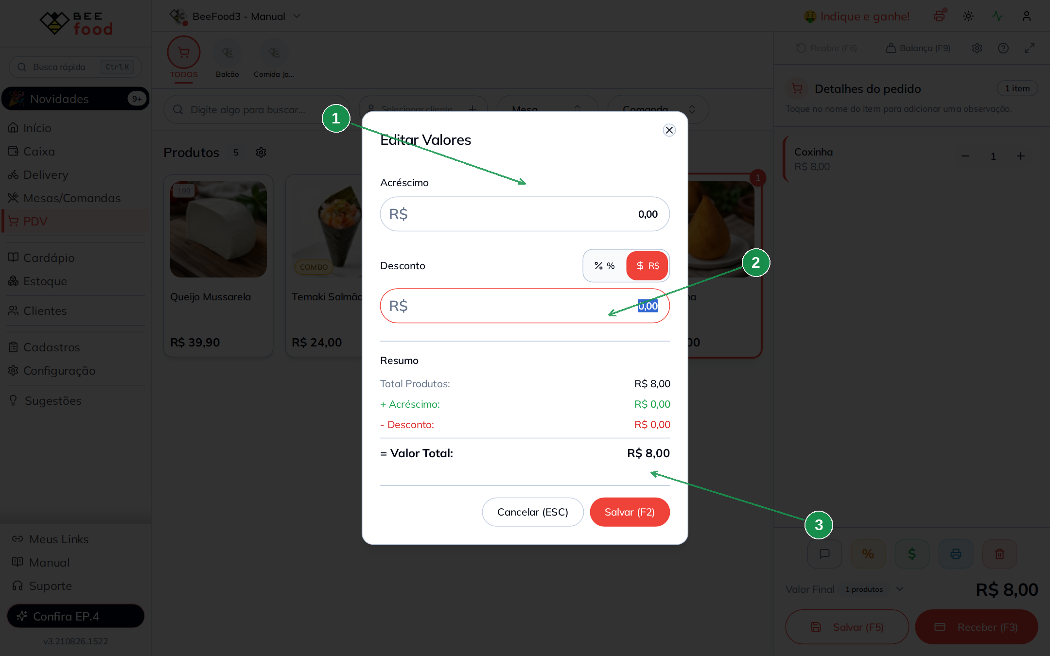 Modal de desconto solicitando senha de gerente