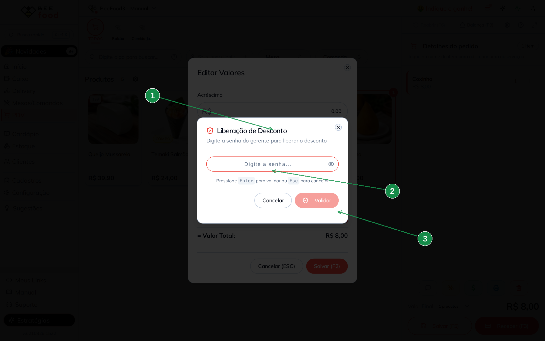 Modal de validação da senha de gerente