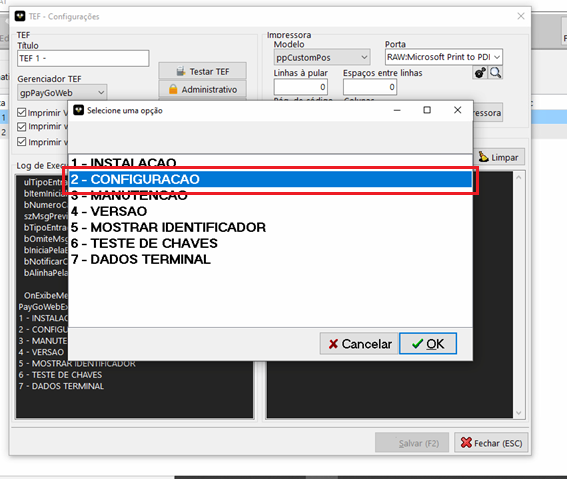 Tela do menu Administrativo na opção Configuração do TEF