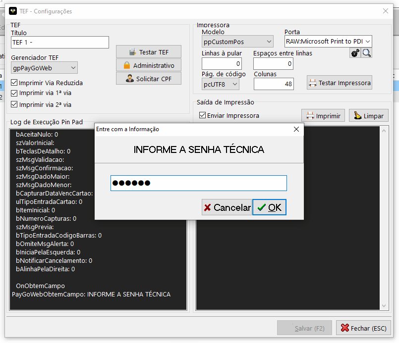 Tela de digitação da senha técnica do PayGo
