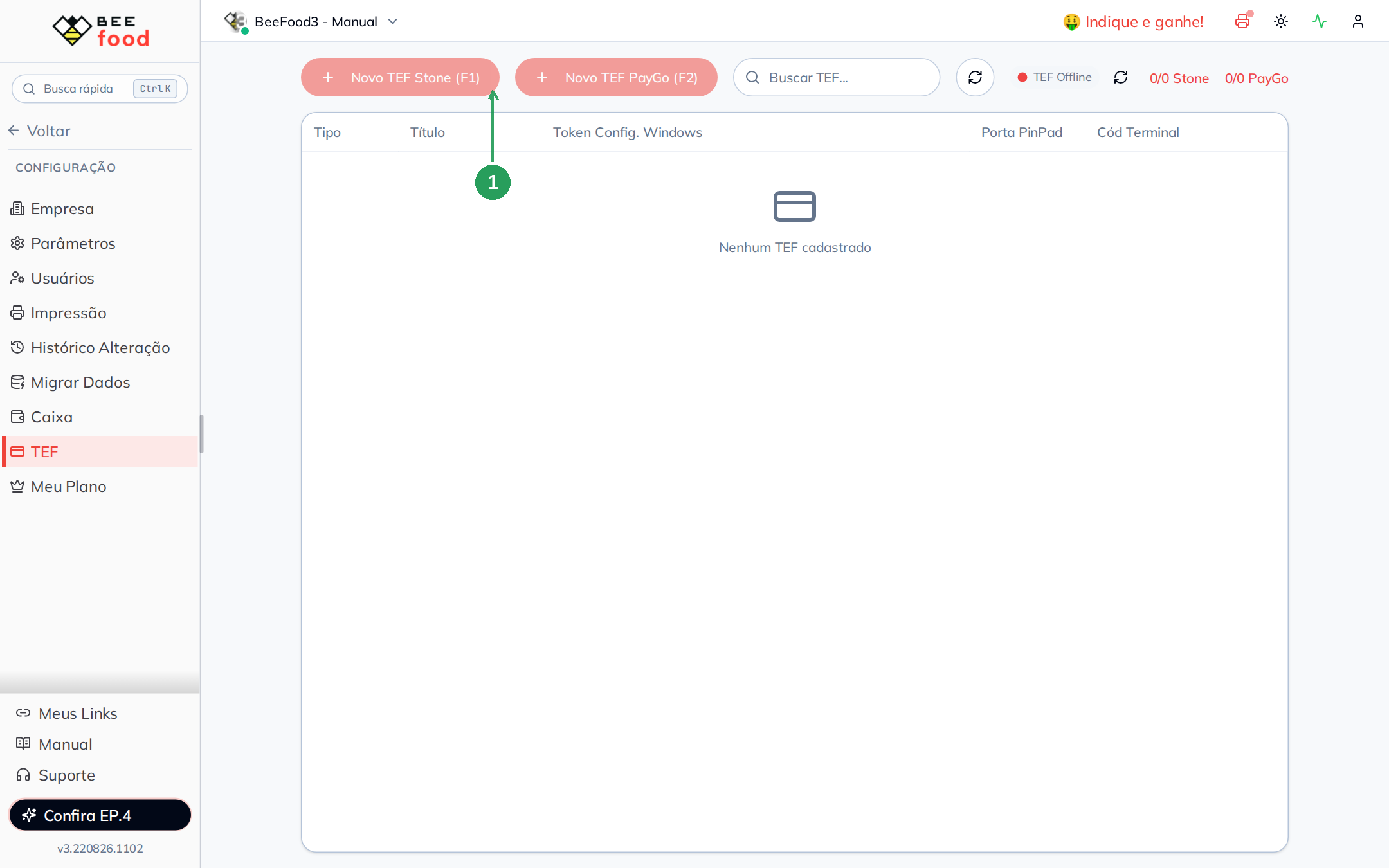 Tela de configuração de TEF no BeeFood com a opção Novo TEF PayGo