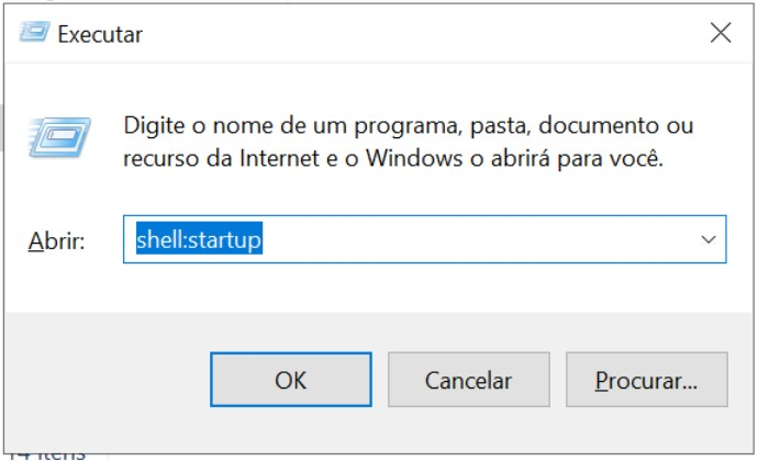 Comando shell startup sendo executado no Windows