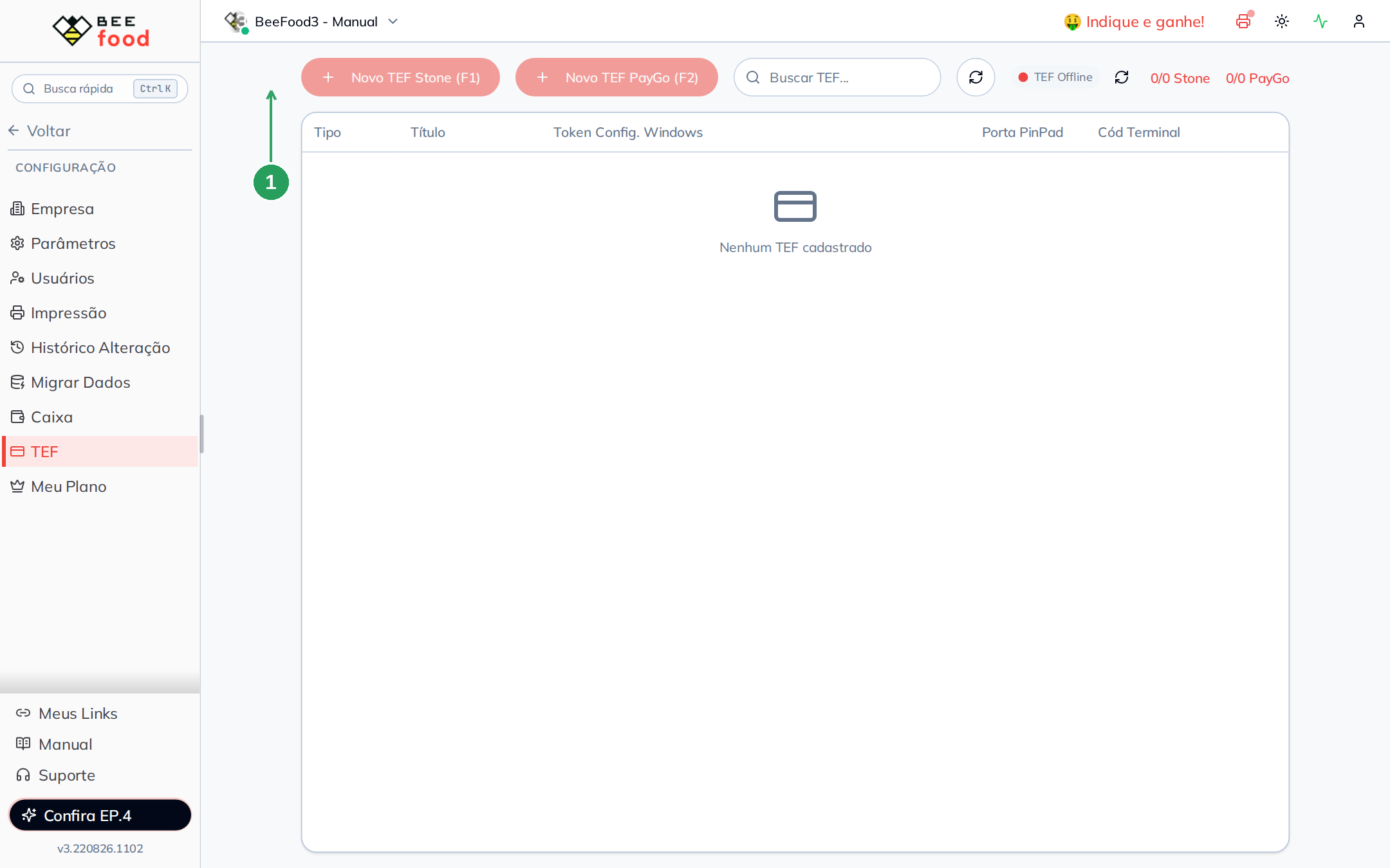 Tela de configuração de TEF no BeeFood com o botão Novo TEF Stone