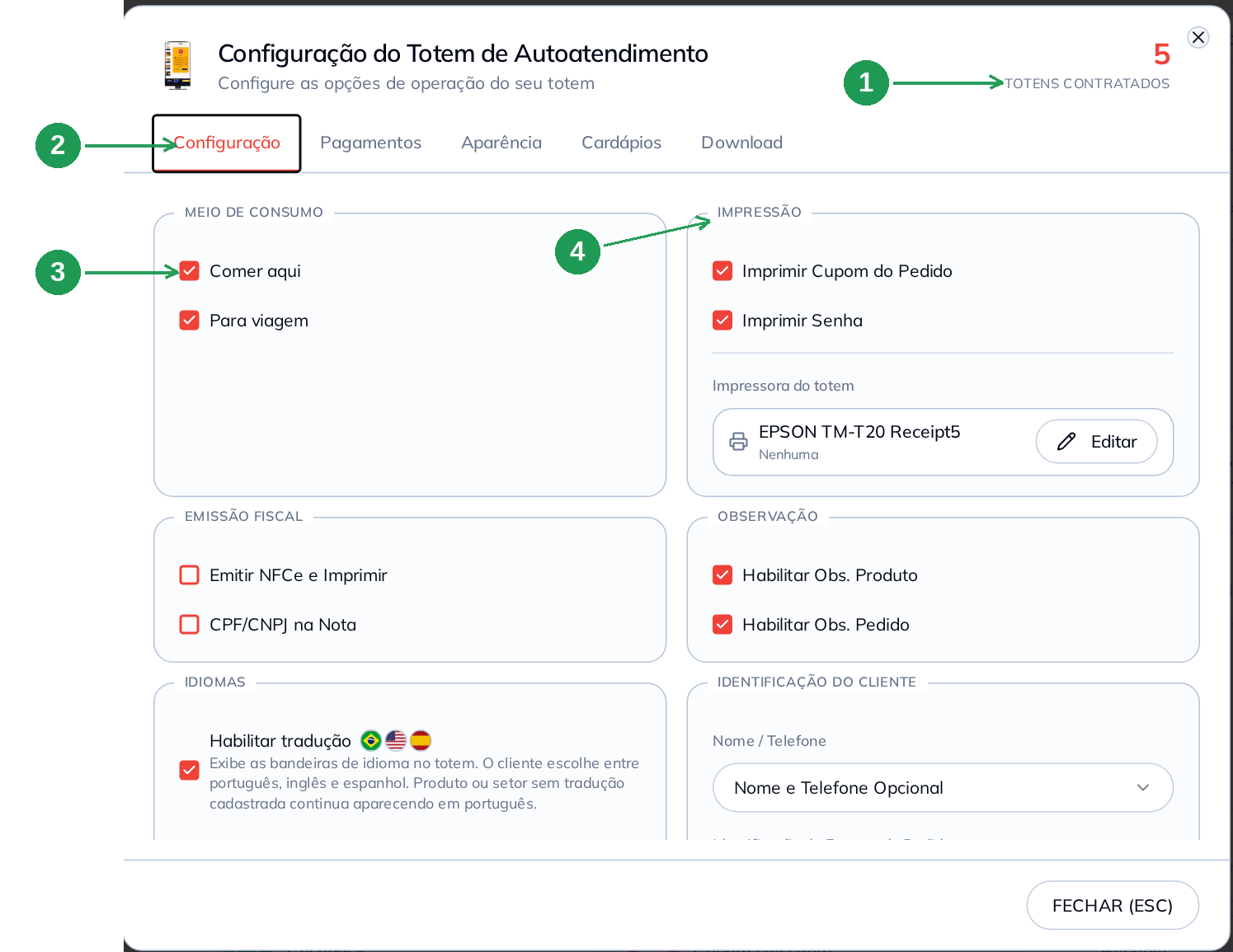 Aba Configuração do totem, com meio de consumo e impressão