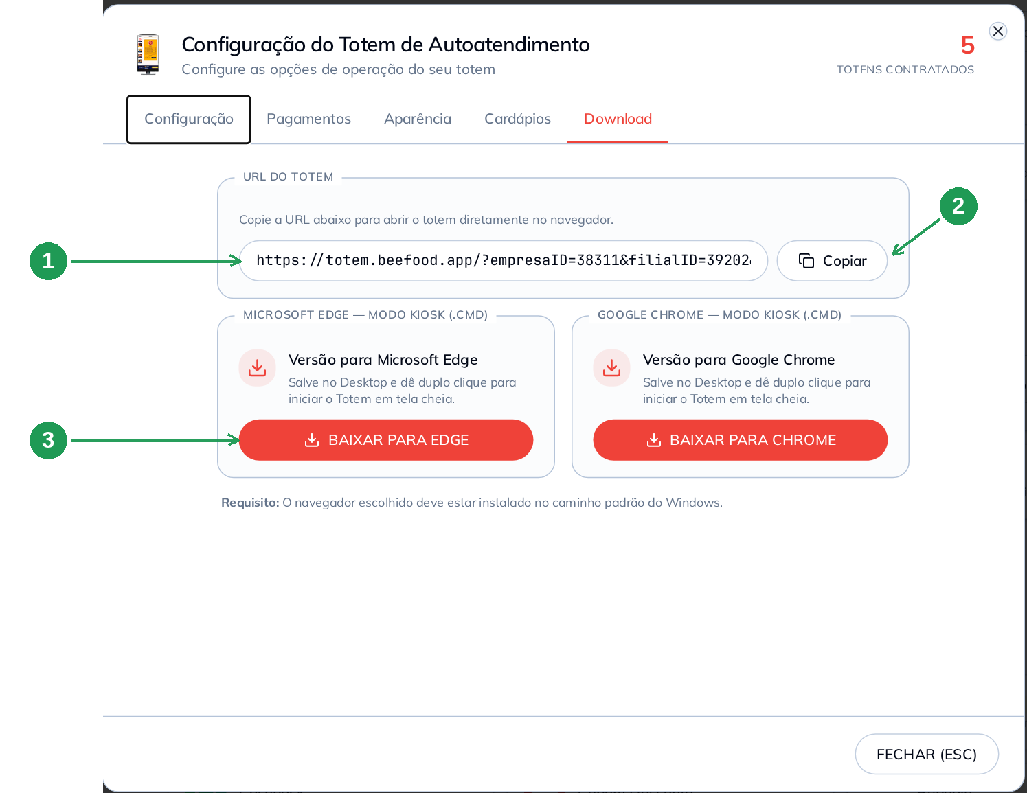 Aba Download do totem, com a URL e os atalhos de modo kiosk